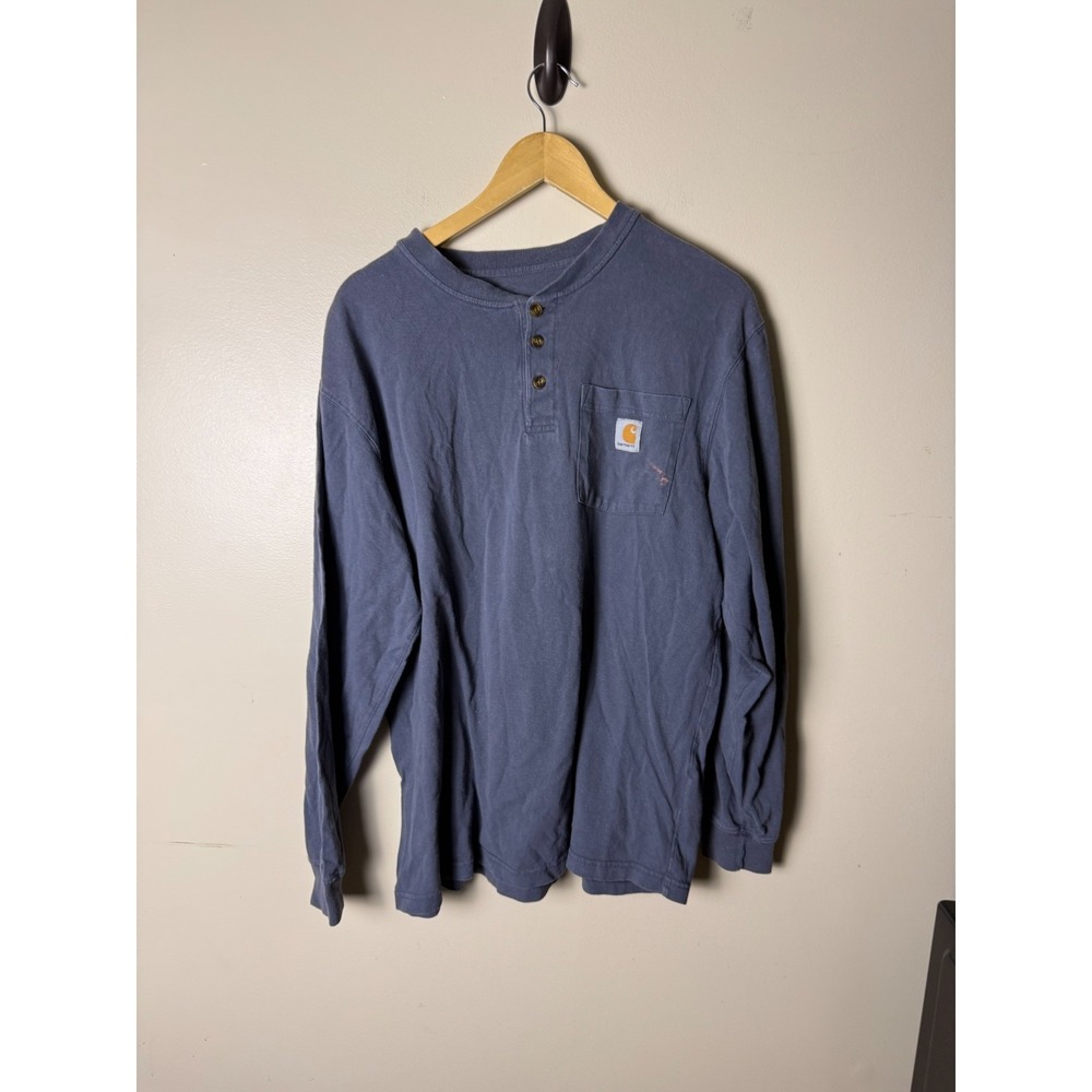 Carhartt Original Fit 1/4 Button Logo Pocket T Shirt Mens‎ XL Blue Long Sleeve